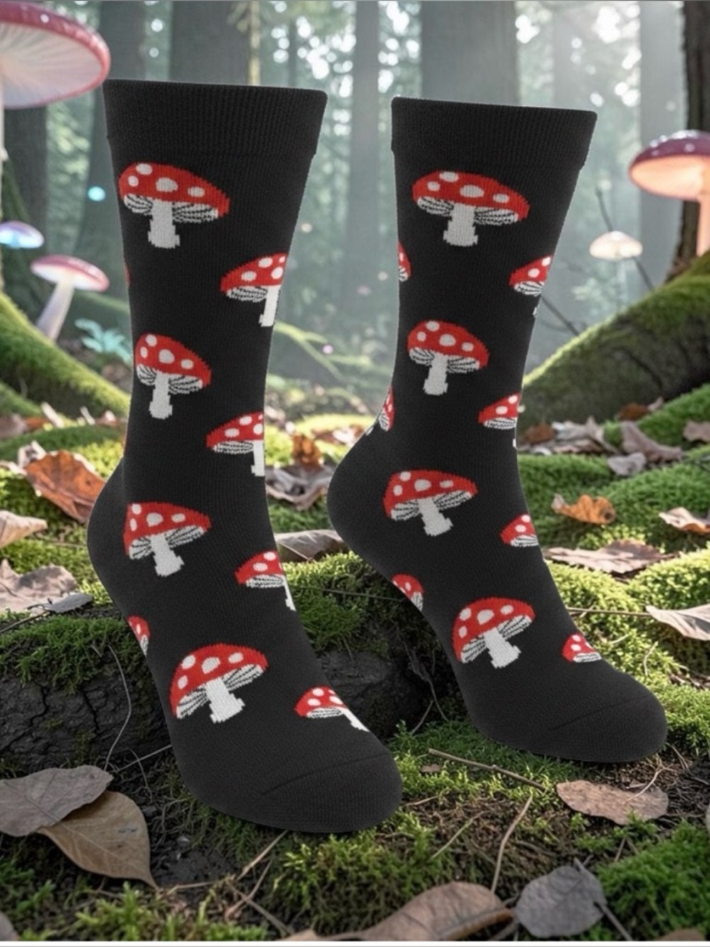 Black Crew Socks with Red Mushroom Pattern - Picture 4 of 7